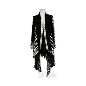 Chico's Medium Open Front Cardigan Sweater Black White Fringe Heavyweight Knit